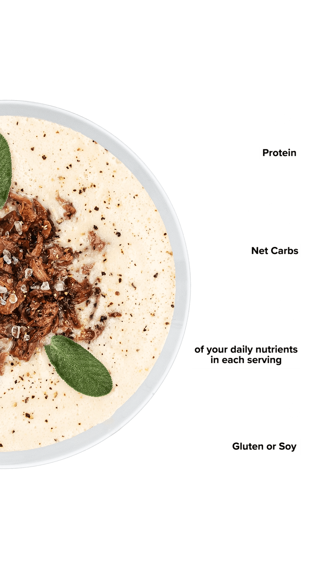 Keto Chow Hearty Beef Soup Base shake with macro information