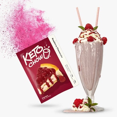 Raspberry Cheesecake Keto Chow packet and shake