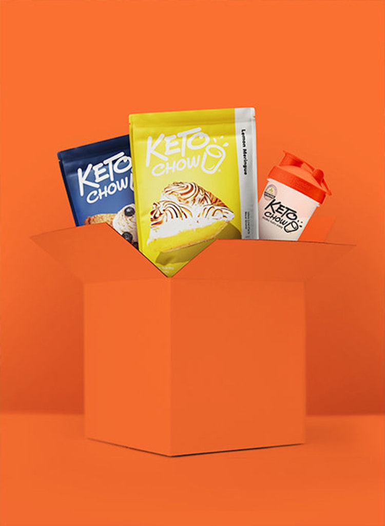 orange box with shake packages and a shaker bottle popping out of the top