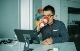 drinking coffee at work